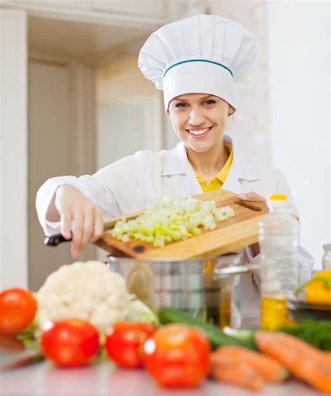 Happy Cook Woman Cooking Vegetarian Dinner Stock Photo - Image of ...