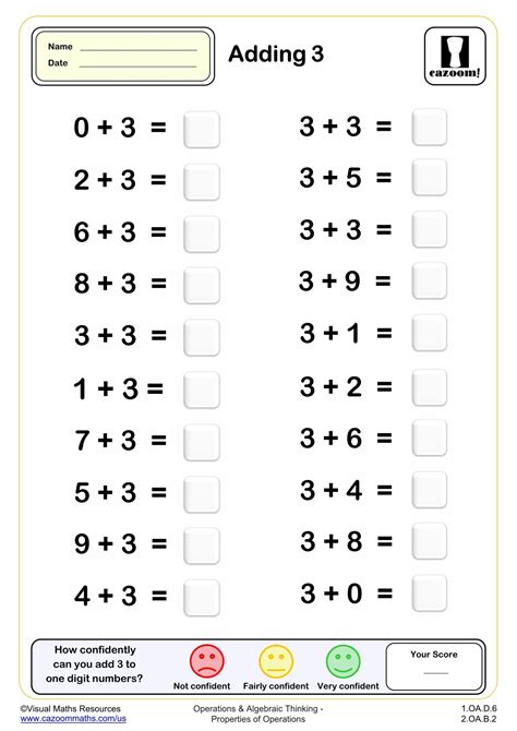 Adding 3 (20 questions) | PDF printable Addition Worksheets | Cazoom Math