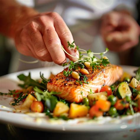 Chef garnishing a salmon dish with fresh herbs | Premium AI-generated image