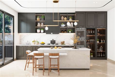Grey Modular Kitchen Design With White Marble Island - 16x14 Ft | Livspace