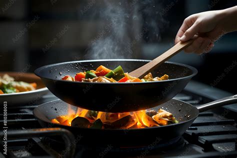 A high quality image of A sizzling skillet on the stove with a cook ...
