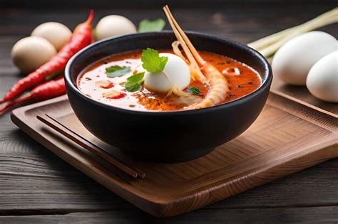 Premium AI Image | a bowl of soup with a spoon and a spoon on the table.