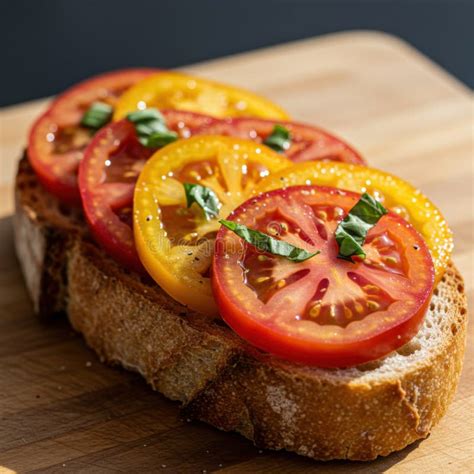 Sliced Tomatoes and Basil on Toasted Bread Stock Image - Image of ...