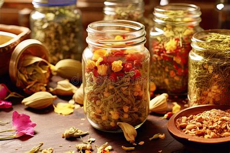 Assortment of Dried Herbs in a Glass Jar Stock Illustration ...