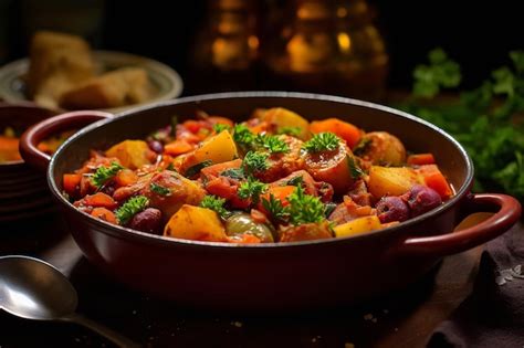 Premium AI Image | A hearty vegetarian stew with a variety of root ...